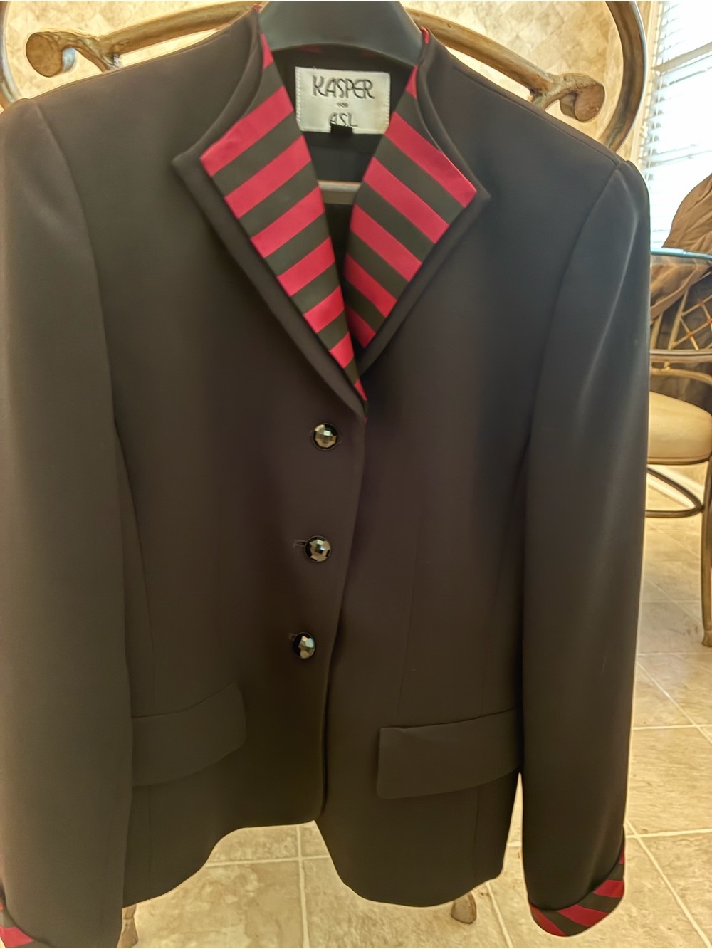 Kasper Black Blazer with Red and Black Stripe Trim